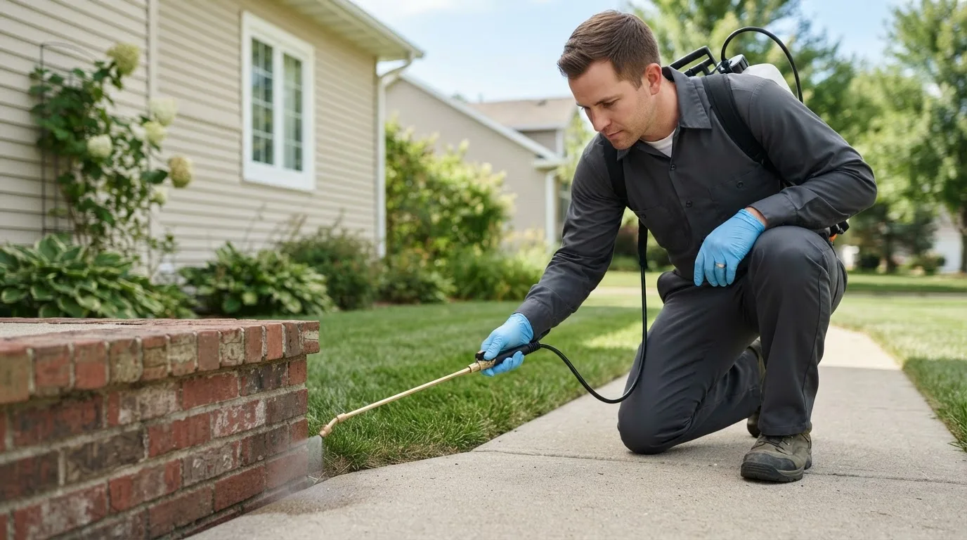 Pest control technician treating a home near South Wayne, WI